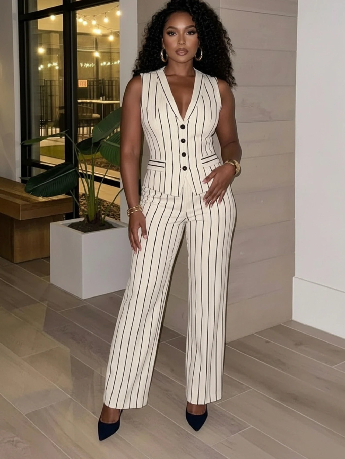 Women Sleeveless V Neck Pinstripe Vest And High Waist Straight Long Pants For Elegant Office Business And Daily Occasion