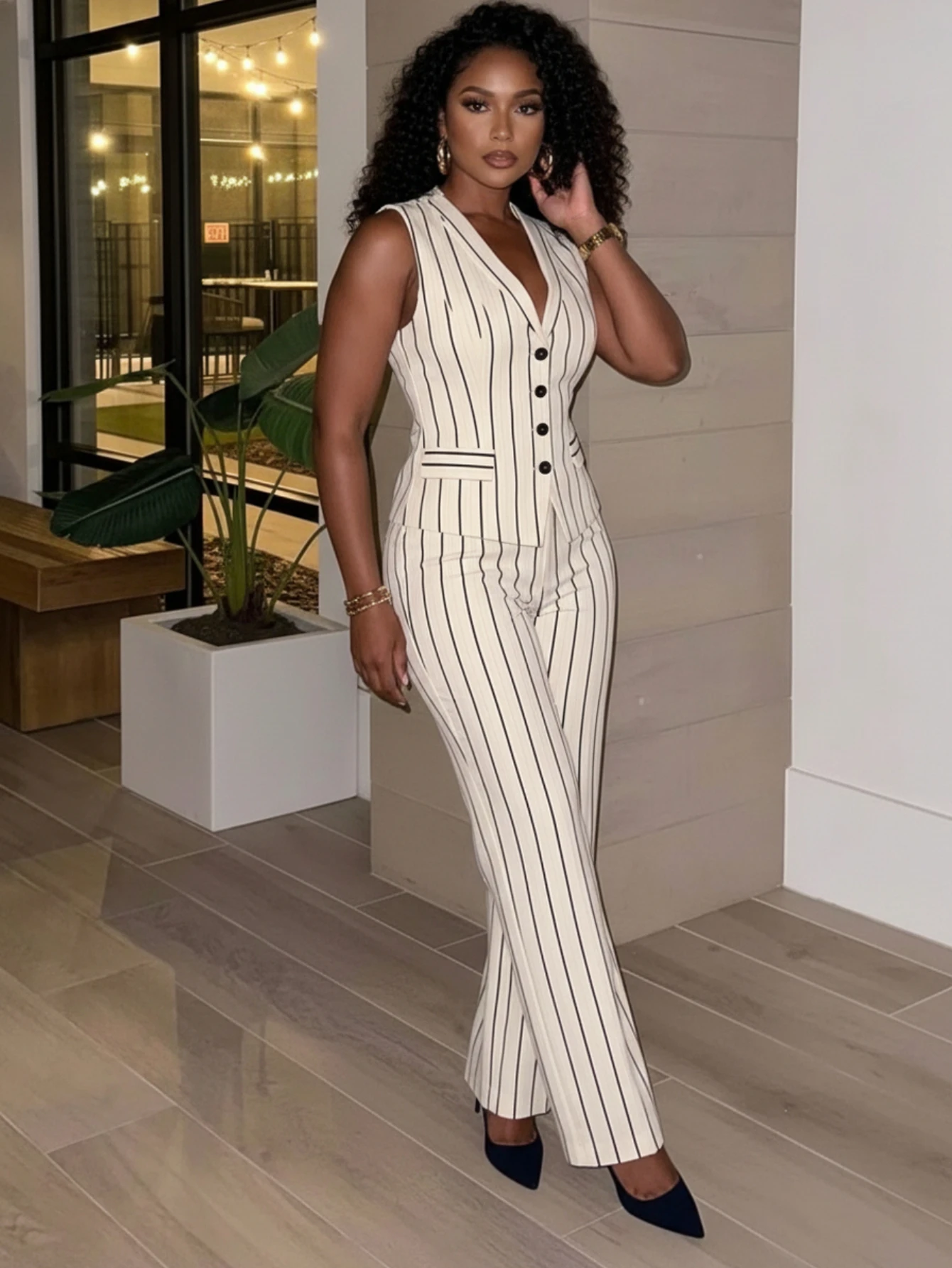 Women Sleeveless V Neck Pinstripe Vest And High Waist Straight Long Pants For Elegant Office Business And Daily Occasion