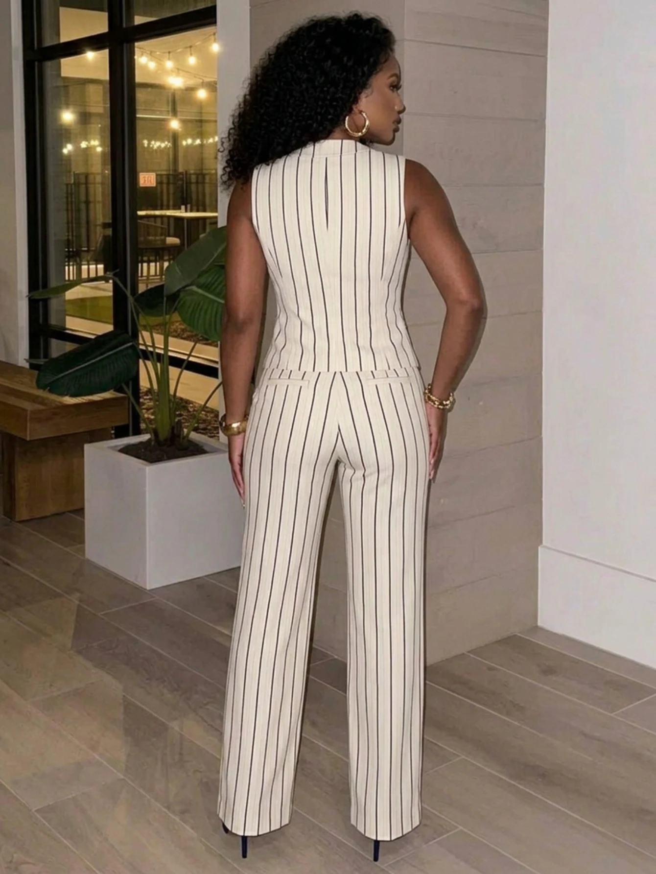Women Sleeveless V Neck Pinstripe Vest And High Waist Straight Long Pants For Elegant Office Business And Daily Occasion