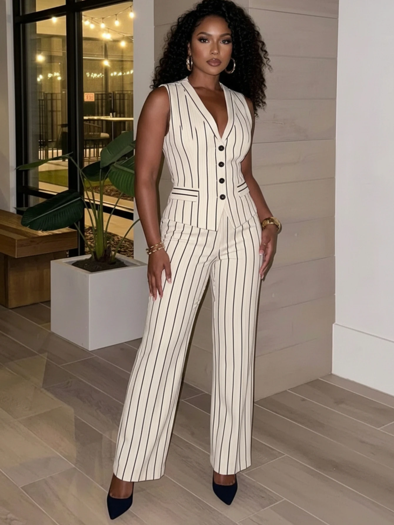 Women Sleeveless V Neck Pinstripe Vest And High Waist Straight Long Pants For Elegant Office Business And Daily Occasion