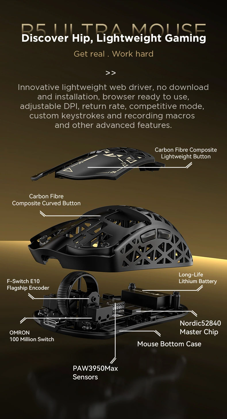 ATTACK SHARK R5 Ultra Carbon Fiber Wireless Gaming Mouse ,39g SUPERLIGHT , 8K Polling Rate, PAW3950MAX Sensor (42000 DPI),