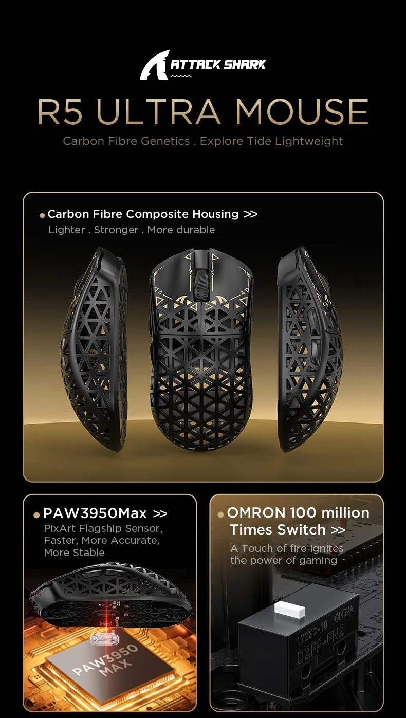 ATTACK SHARK R5 Ultra Carbon Fiber Wireless Gaming Mouse ,39g SUPERLIGHT , 8K Polling Rate, PAW3950MAX Sensor (42000 DPI),