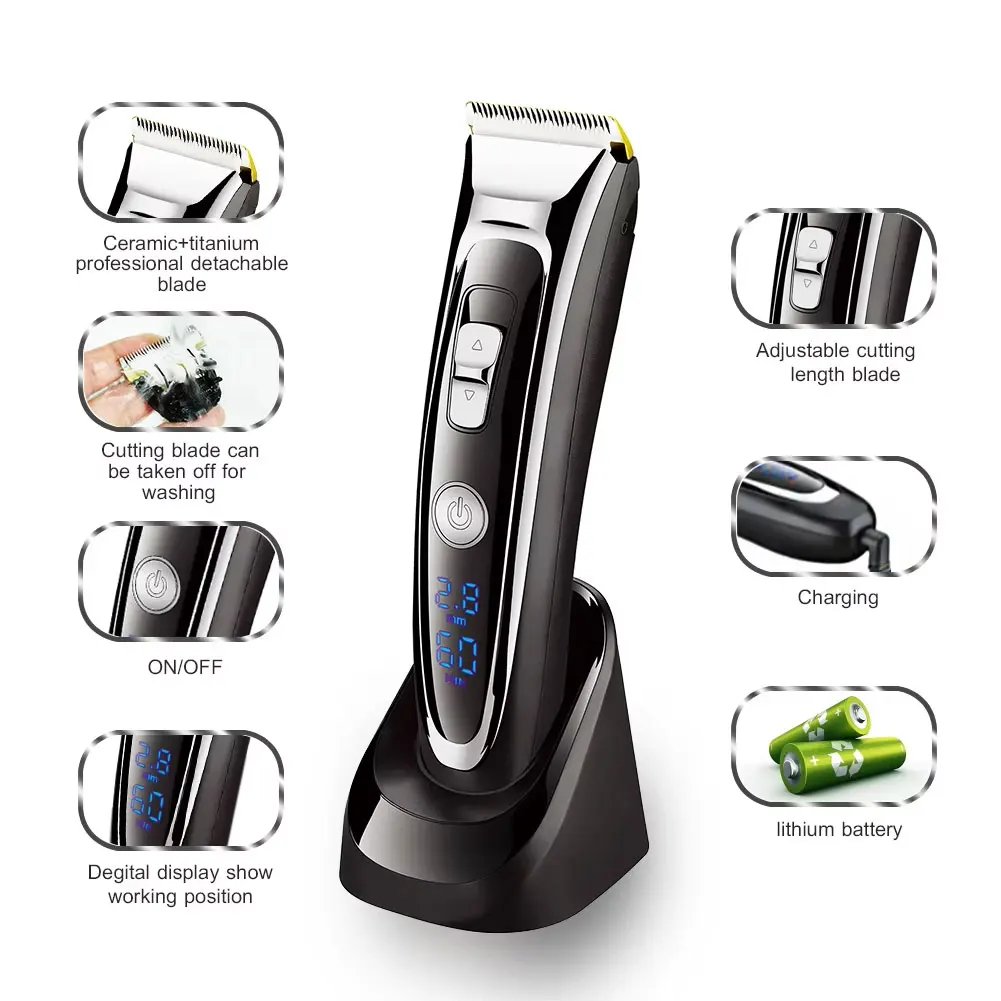 Surker LCD Ceramic Blade Hair Trimmer Low-Noise Electric Clipper Fast-Charging Shaver with Base - Precision Grooming Tool