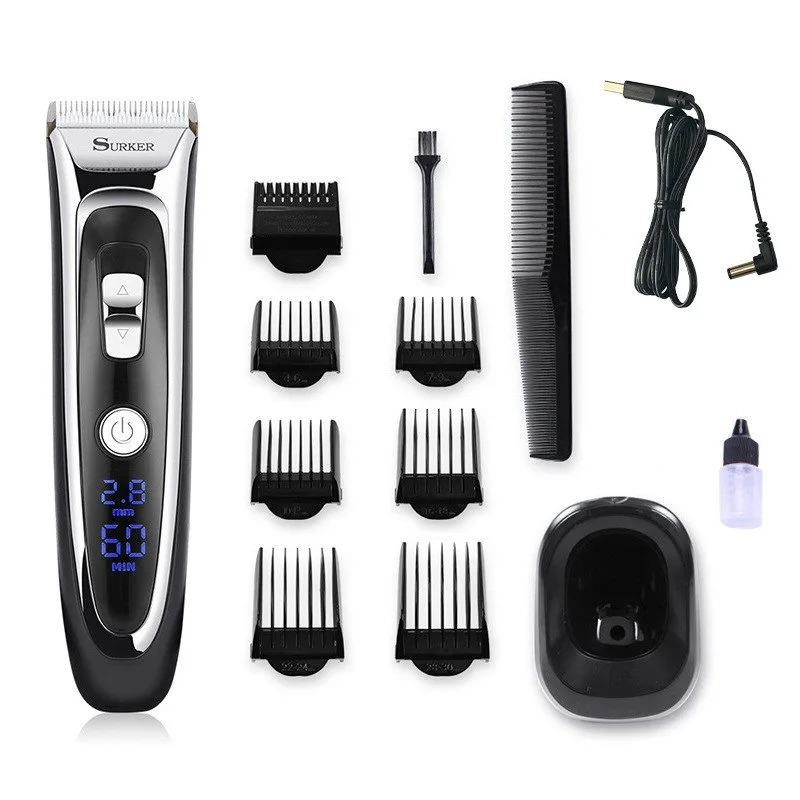 Surker LCD Ceramic Blade Hair Trimmer Low-Noise Electric Clipper Fast-Charging Shaver with Base - Precision Grooming Tool