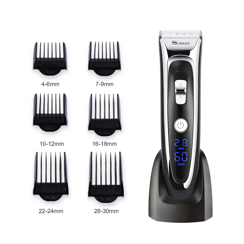 Surker LCD Ceramic Blade Hair Trimmer Low-Noise Electric Clipper Fast-Charging Shaver with Base - Precision Grooming Tool