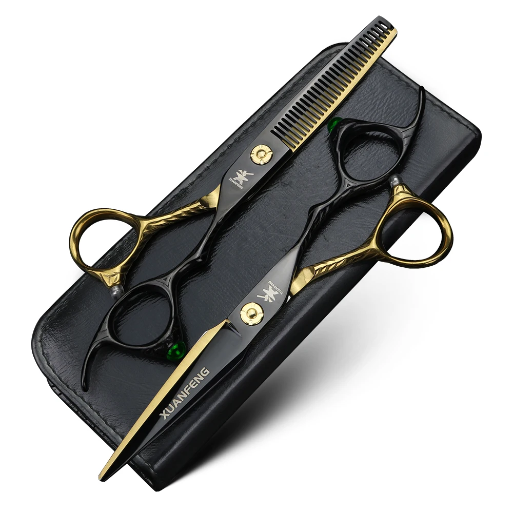 XUANFENG Lack Gold Hair Scissors 6-inch Barber Cutting Scissors and Thinning Scissors Green Gem Handle