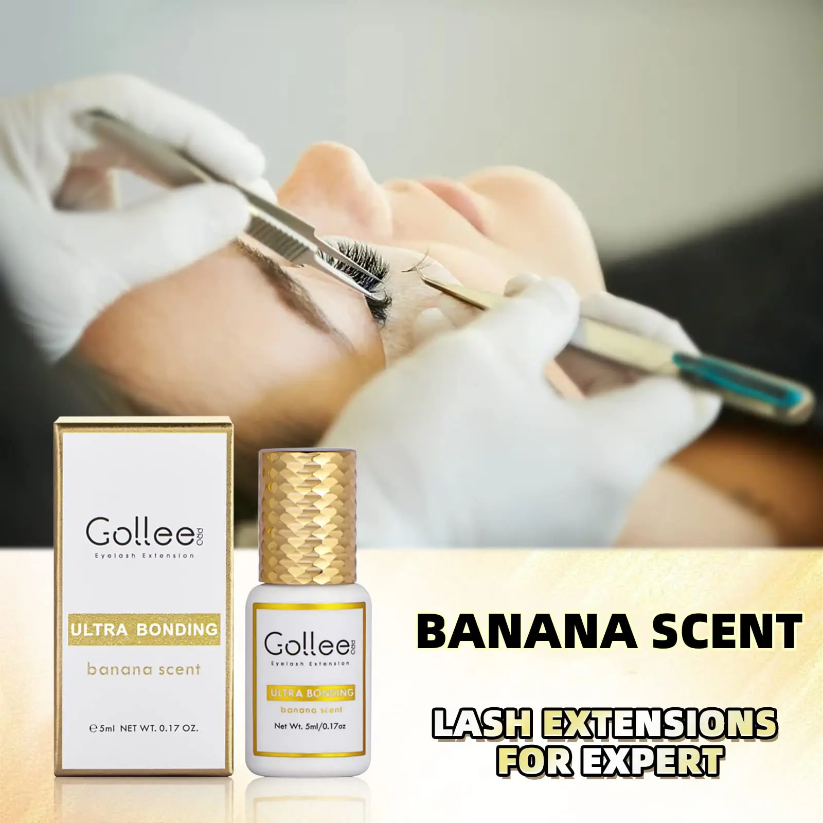Gollee Banana Scent Eyelash Glue 1-2s Fast Drying Waterproof Glue Premade Fans Glue 5 Weeks Lasting Eyelash Extension Glue Salon