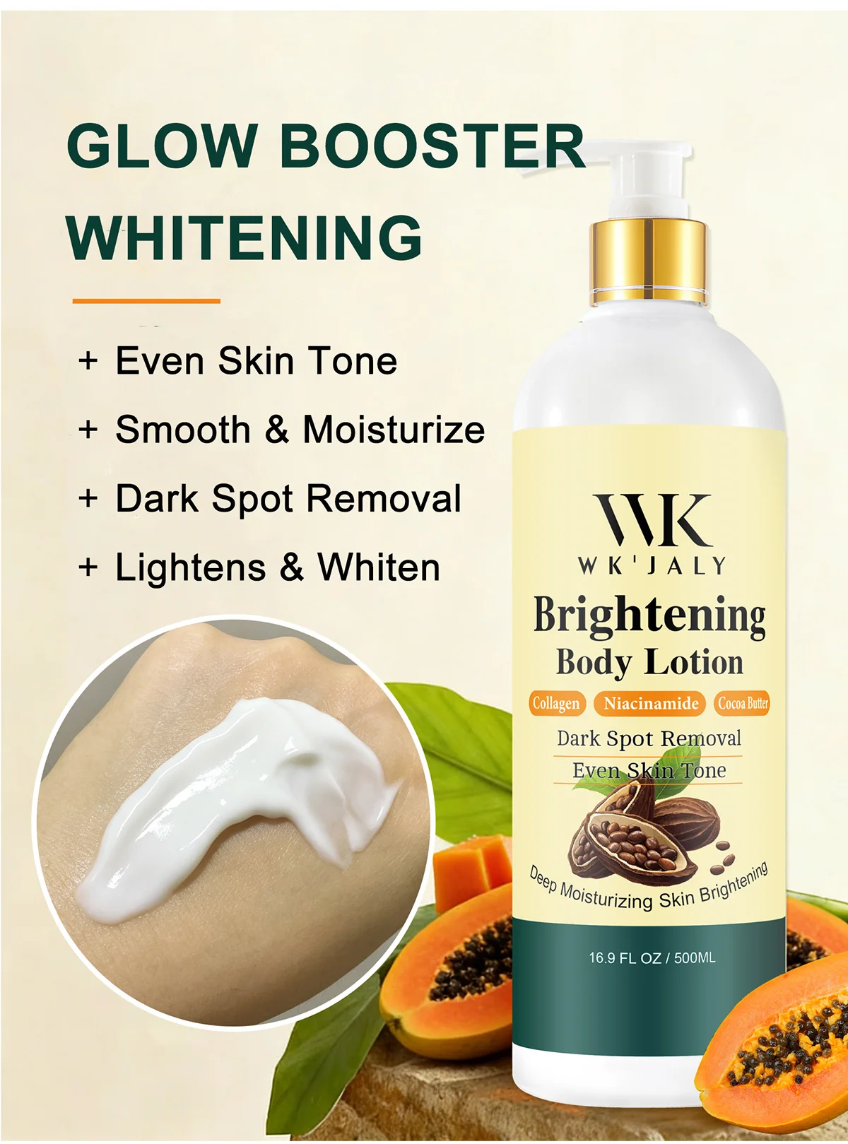 WK JALY Collagen Whitening Body Lotion, Remove Dark Spots, Melanin, Moisturizer, Smooth Skin, With Natural Papaya, Niacinamide