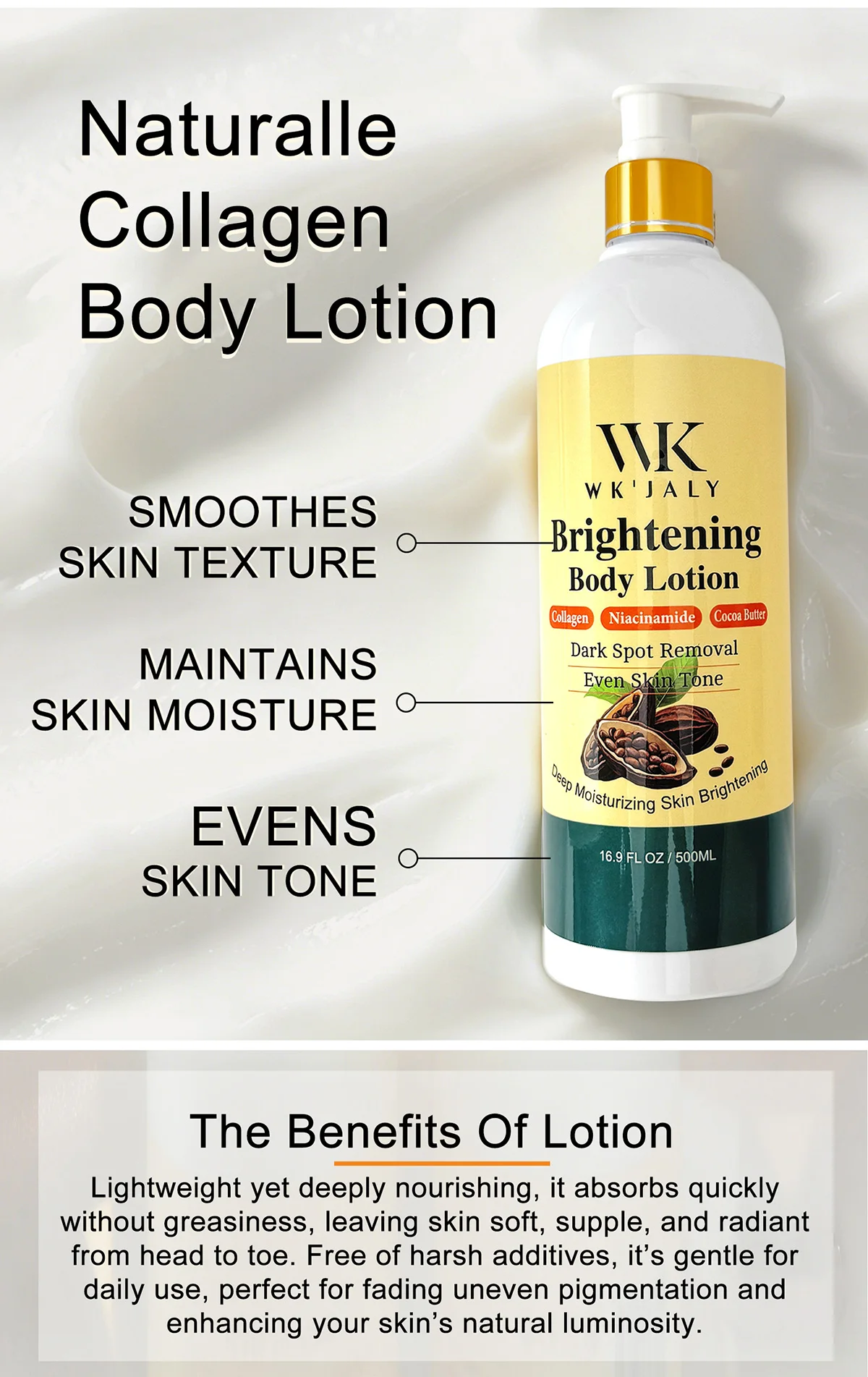 WK JALY Collagen Whitening Body Lotion, Remove Dark Spots, Melanin, Moisturizer, Smooth Skin, With Natural Papaya, Niacinamide