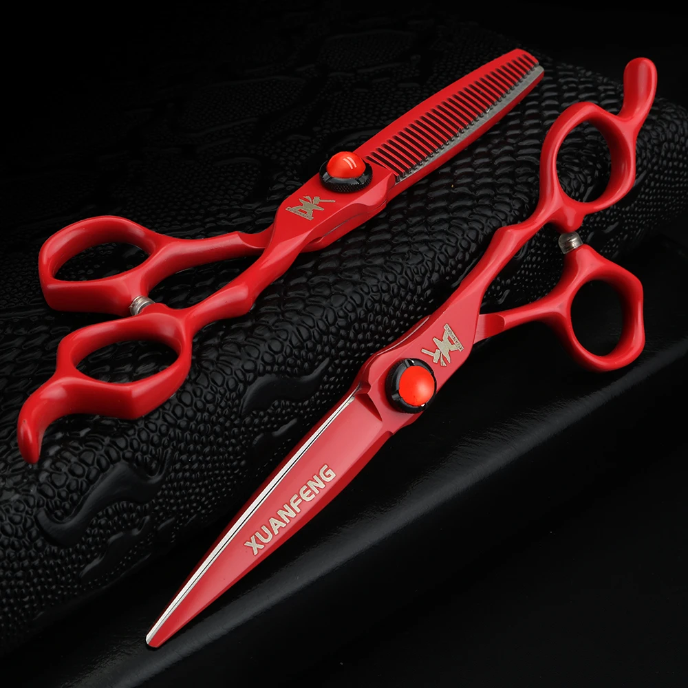 XUANFENG 6 inch Ruby Hair Scissors Barber's Completely Red Cutting Scissors and Thinning Scissors 440c
