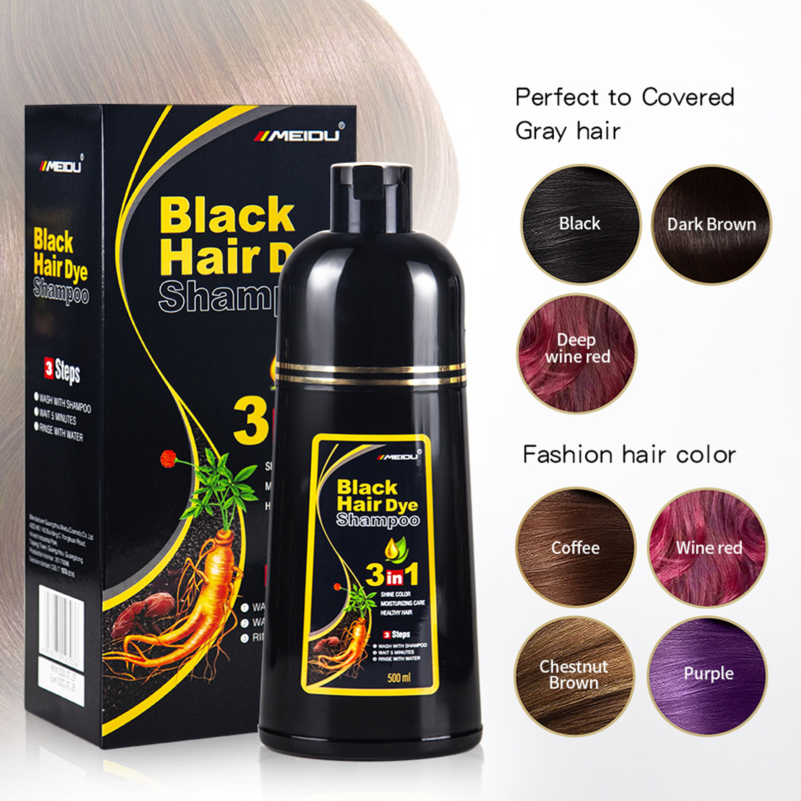 3 In 1 Black Hair Dye Shampoo Beauty Nourishes Long Lasting Permanent Covers White Gray Hair For Men Women Hair Coloring Tools