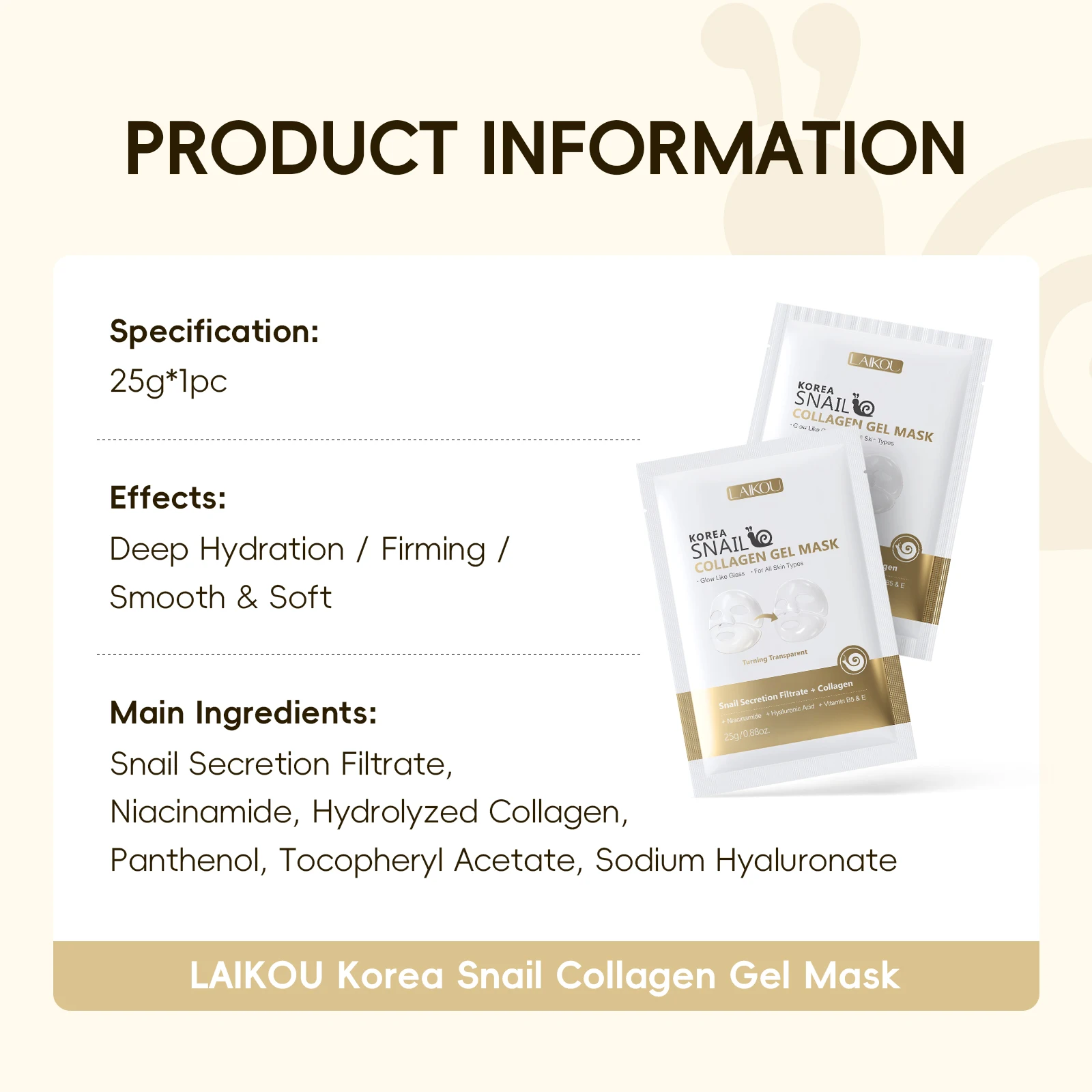 LAIKOU Korea Snail Collagen Essence Mask Hydrating Sheet Mask Anti-Wrinkle Face Mask Firming Skin Care 25g*20pcs