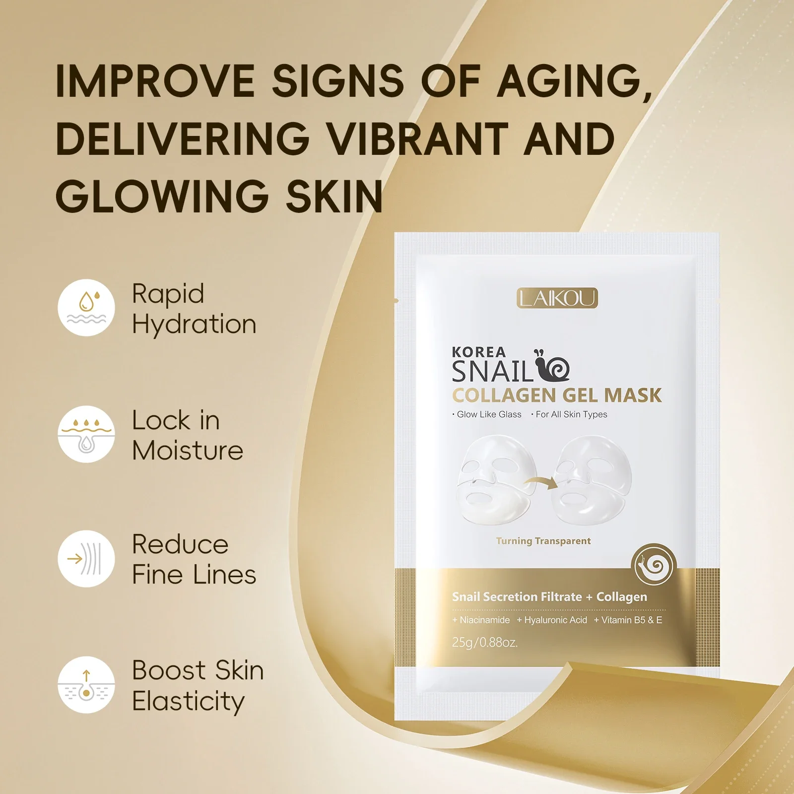 LAIKOU Korea Snail Collagen Essence Mask Hydrating Sheet Mask Anti-Wrinkle Face Mask Firming Skin Care 25g*20pcs