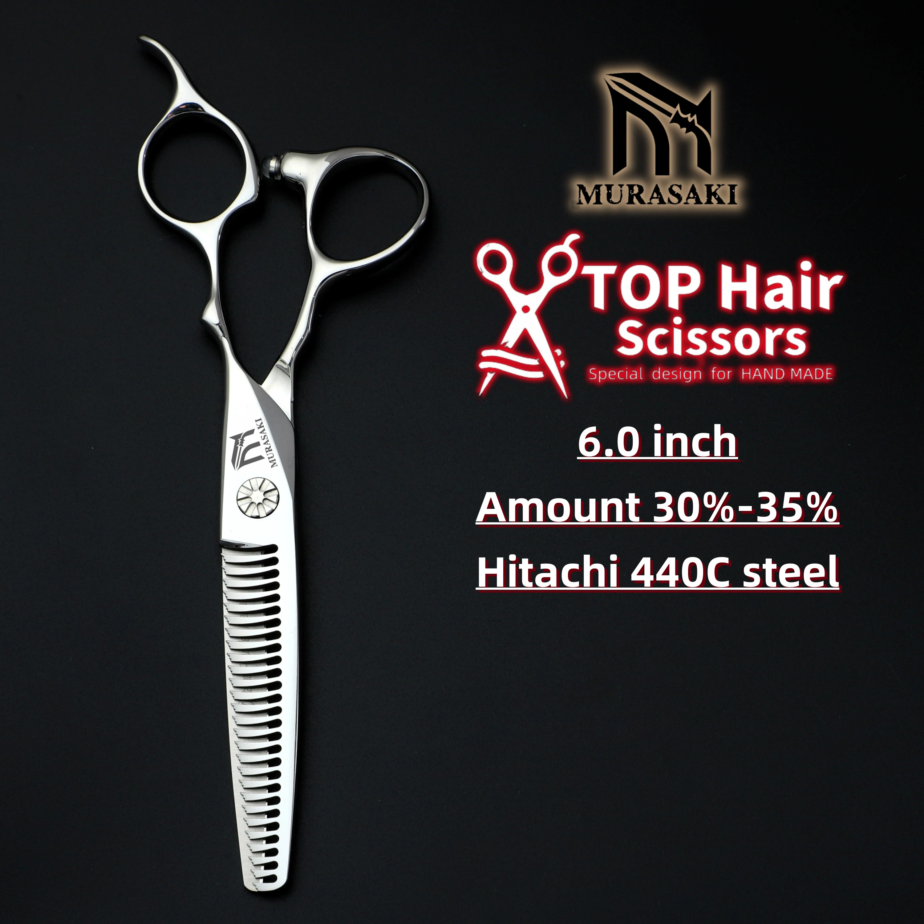 MURASAKI Professional Barber Scissors,6.0 Inch Contrary Tooth Hair Thinning Shears,High Quality Hitachi 440C Steel Barber Tools