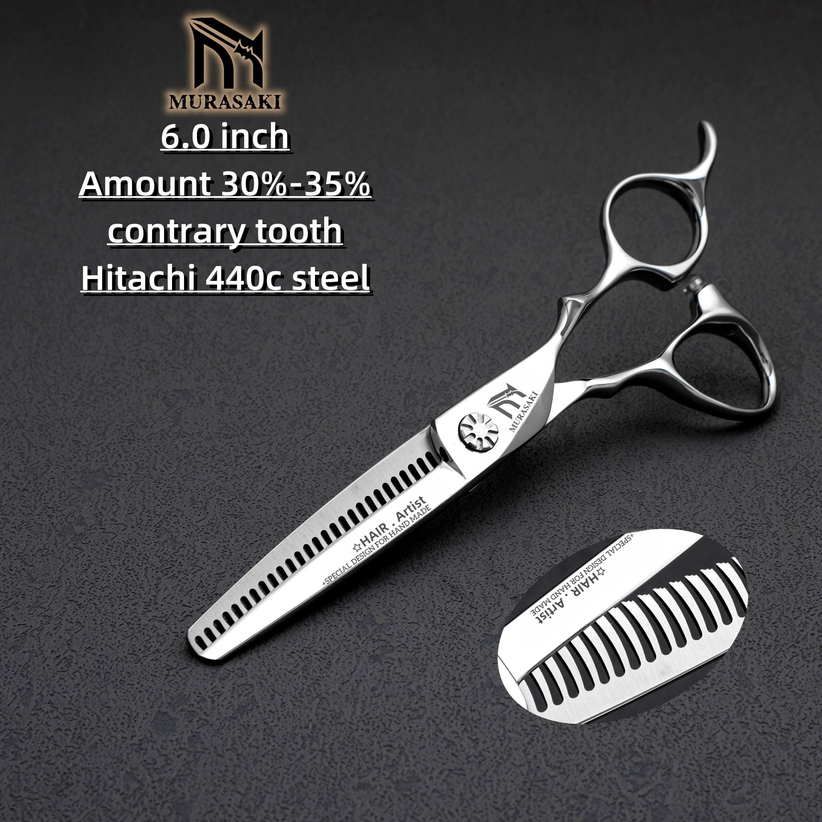 MURASAKI Professional Barber Scissors,6.0 Inch Contrary Tooth Hair Thinning Shears,High Quality Hitachi 440C Steel Barber Tools