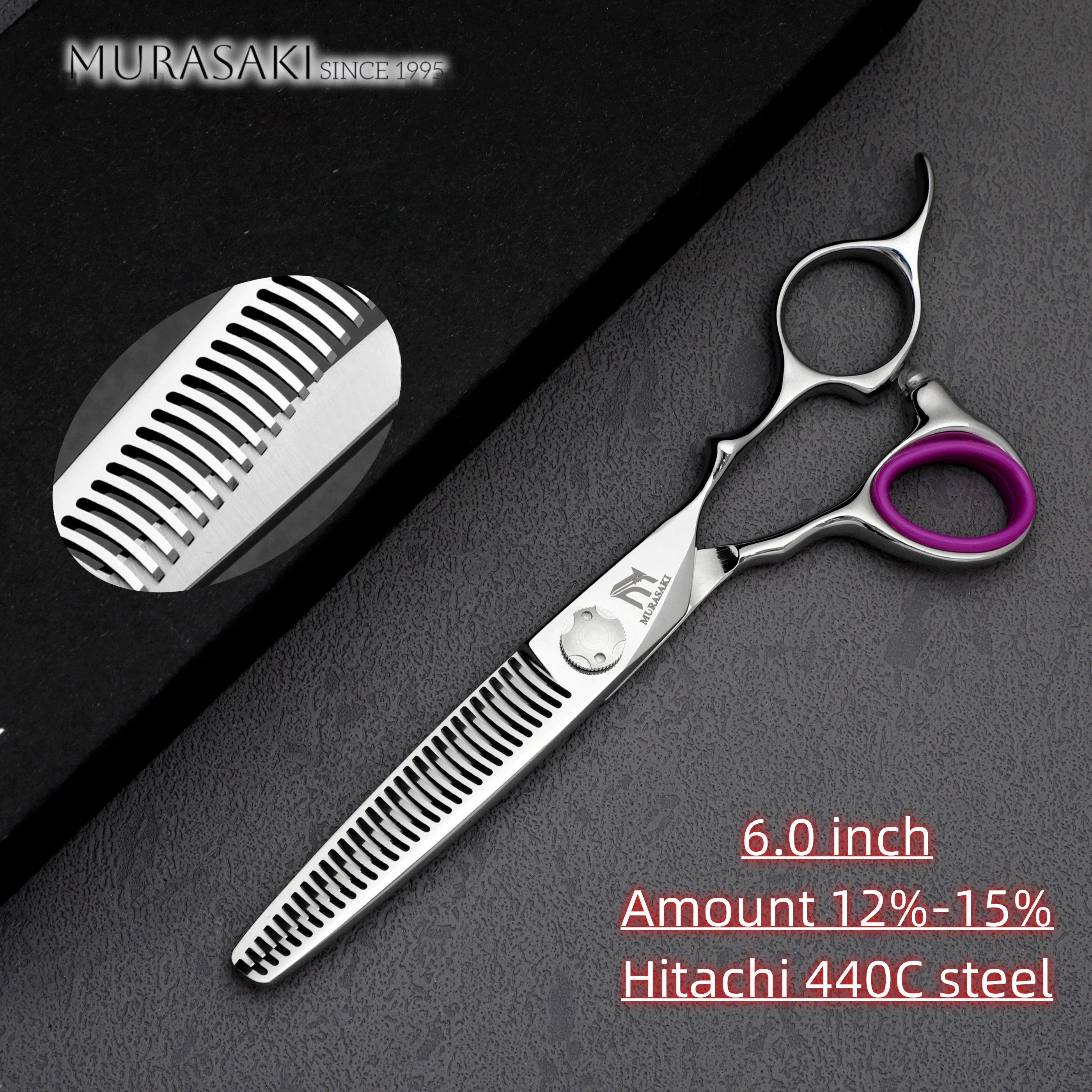 MURASAKI Professional Barber Scissors,6.0 Inch Contrary Tooth Hair Thinning Shears,High Quality Hitachi 440C Steel Barber Tools