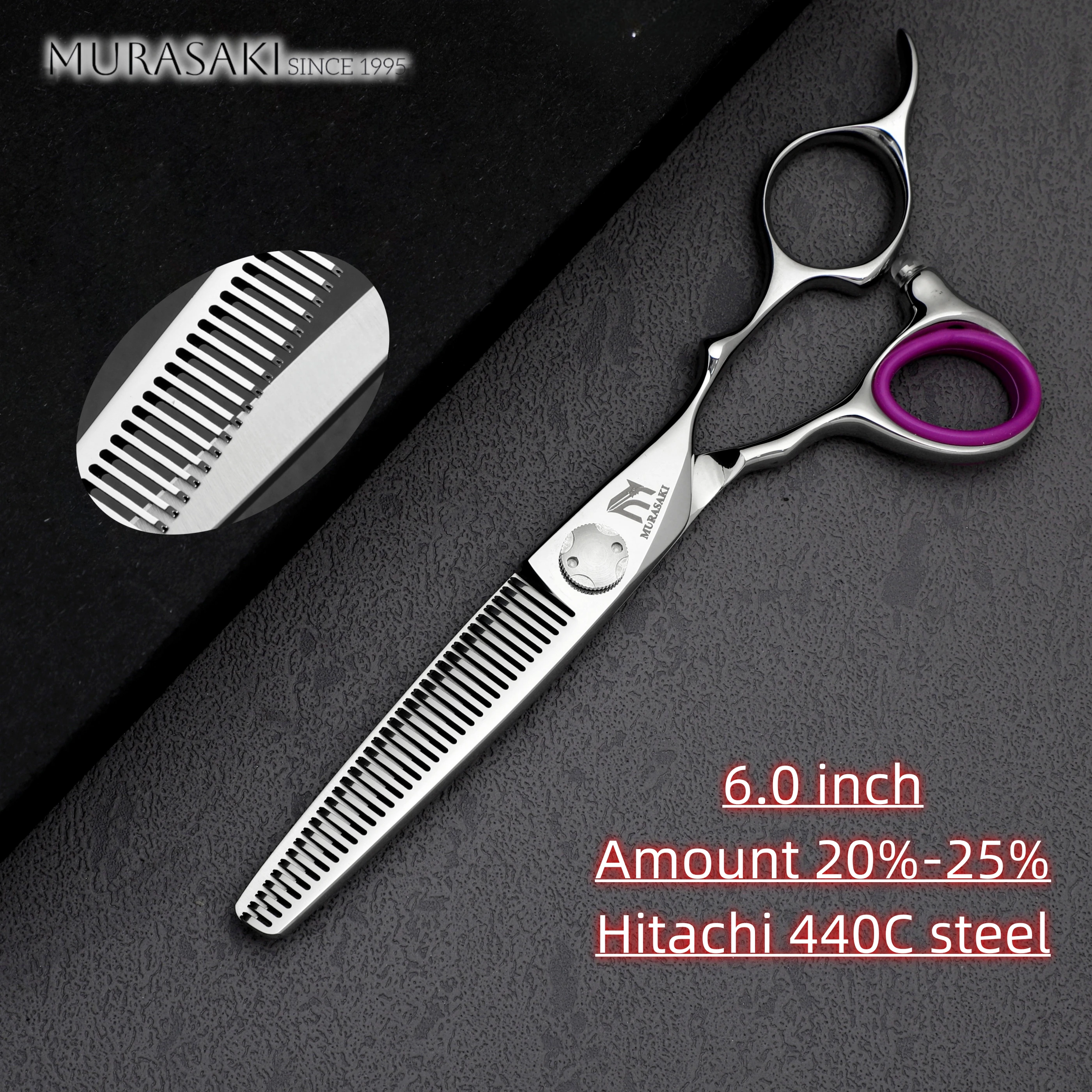 MURASAKI Professional Barber Scissors,6.0 Inch Contrary Tooth Hair Thinning Shears,High Quality Hitachi 440C Steel Barber Tools