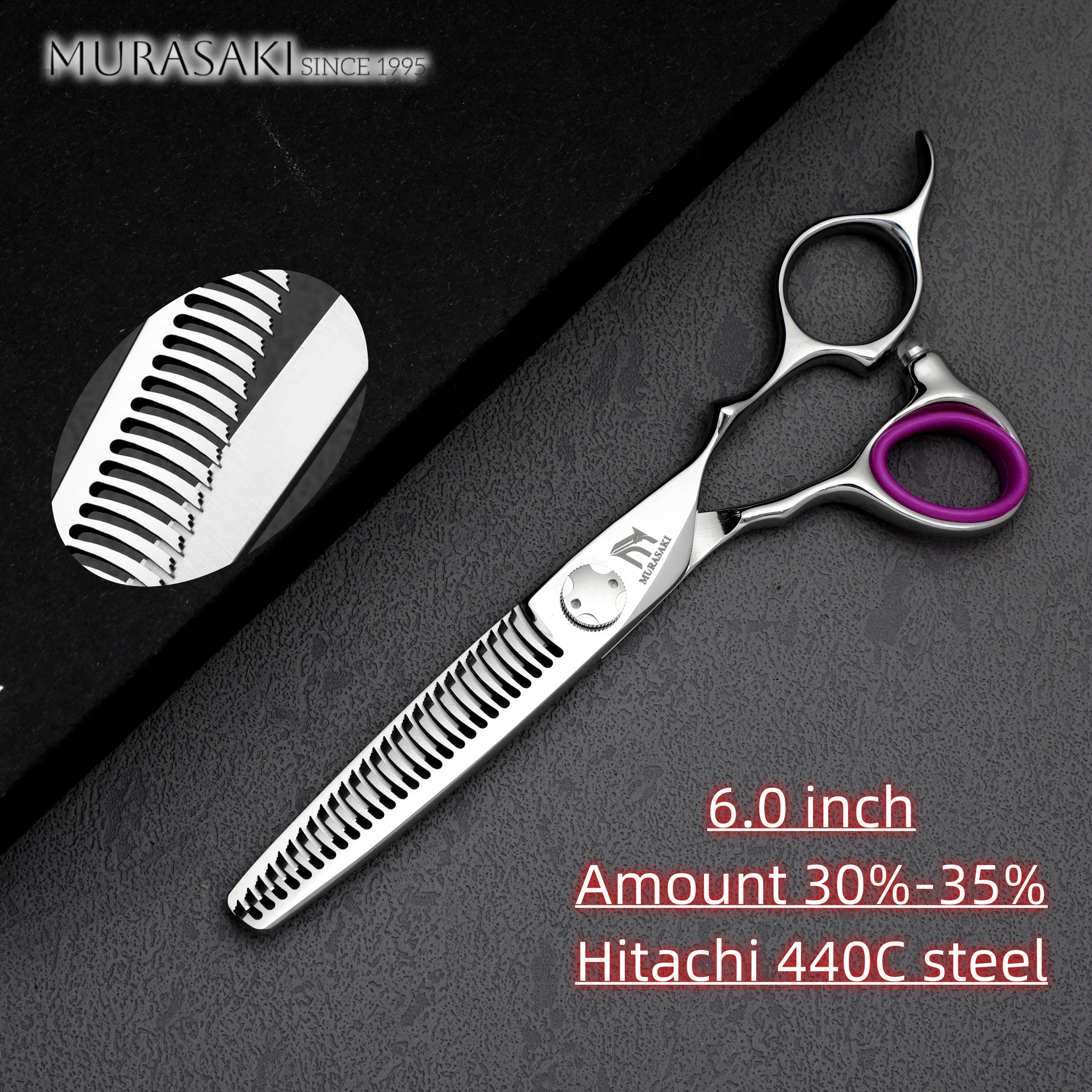 MURASAKI Professional Barber Scissors,6.0 Inch Contrary Tooth Hair Thinning Shears,High Quality Hitachi 440C Steel Barber Tools