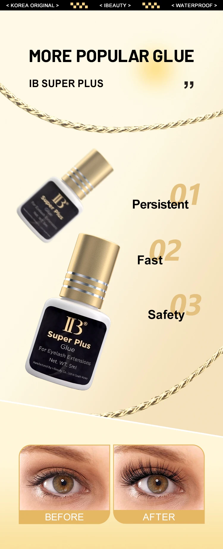 IBeauty Super Plus Glue For Eyelash Health Extension Original 5ml Black Cola Gold Cap Korea 1-2Sec Fast Dry Makeup Tools Health
