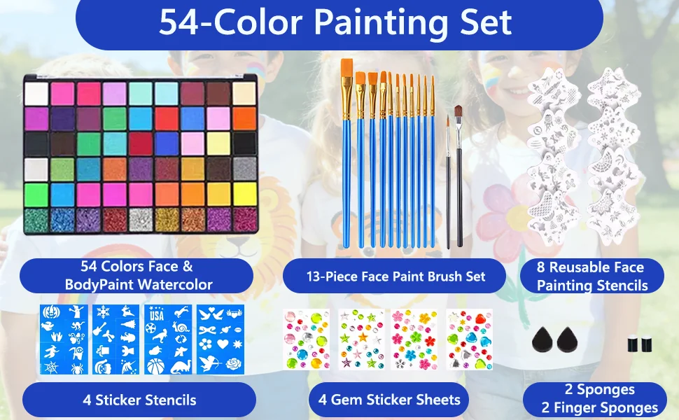 54 Colors Face Painting Kit for Kids,Body Paint for Adults, Non Toxic Makeup Professional for Festivals,Birthday Parties,events