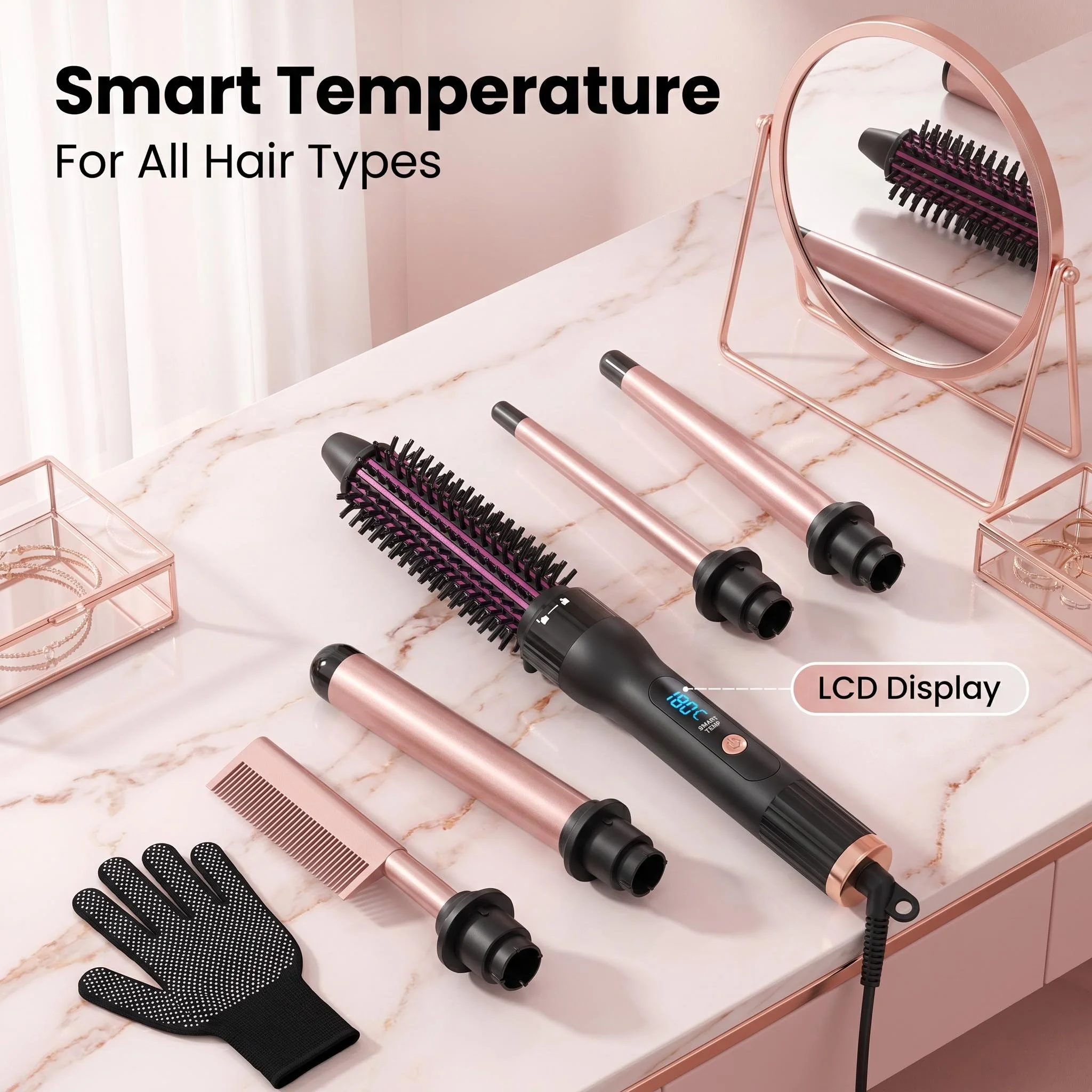 Interchangeable Multi-head Curling Wand Hair Styling Hot Comb Set LCD Digital Temp Control Anti-scald Straight Curler Kit