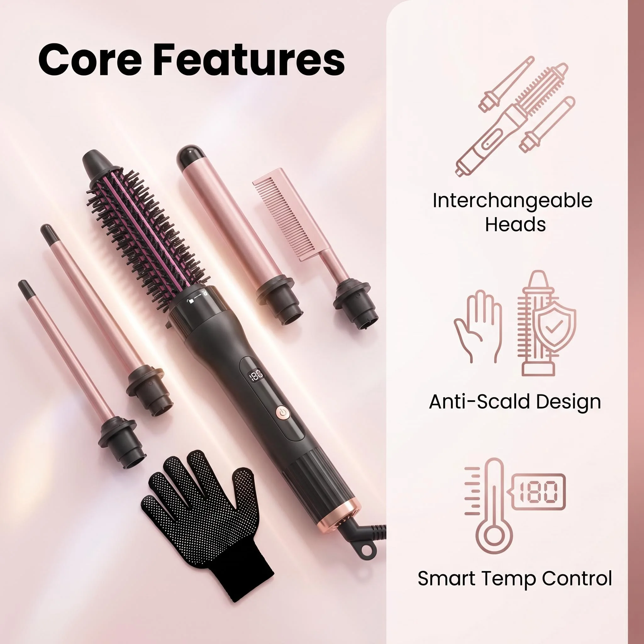 Interchangeable Multi-head Curling Wand Hair Styling Hot Comb Set LCD Digital Temp Control Anti-scald Straight Curler Kit