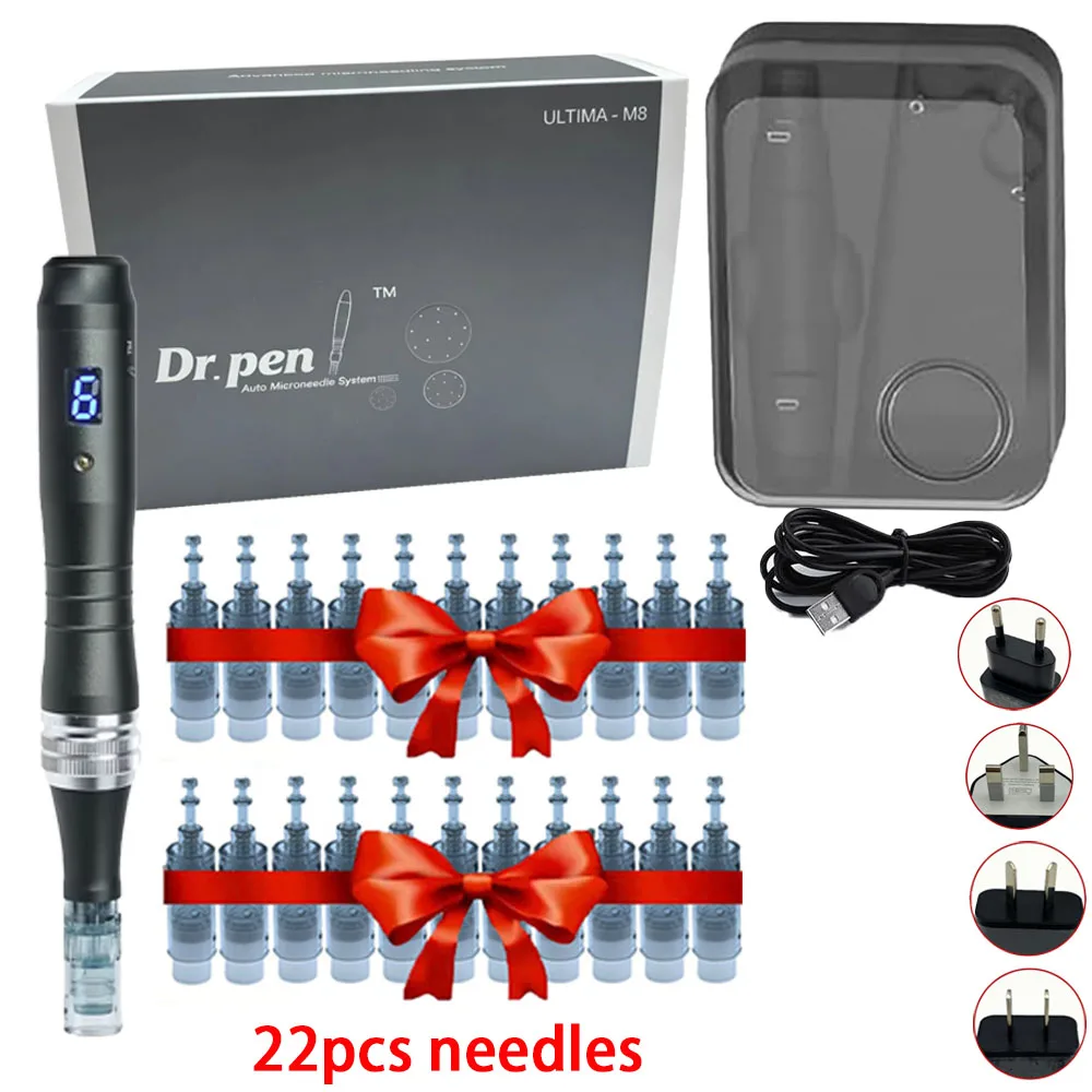 Dr Pen M8 Derma Pen with 22pcs Cartridges Professional Dermapen m8 Microneedling Acne Scar Removal Tattoo 0.25mm needles length