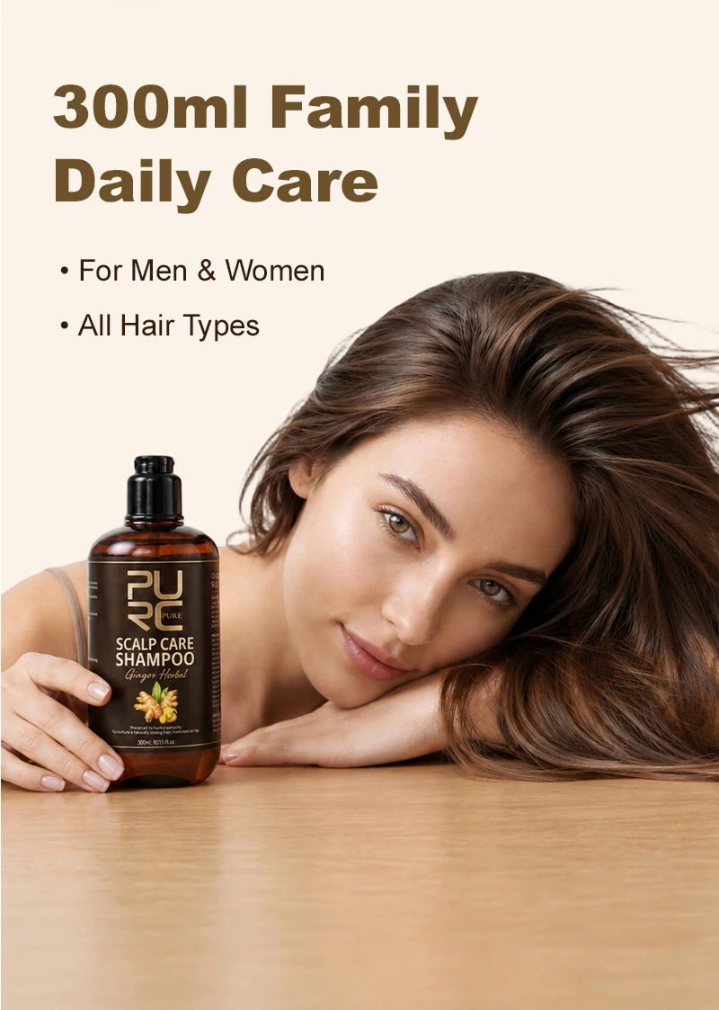 PURC 5-in-1 Ginger Herbal Scalp Care Shampoo Anti Hair Loss Strong Roots Soothe Itchy Scalp Smooth Hair Triple Herbal Formula