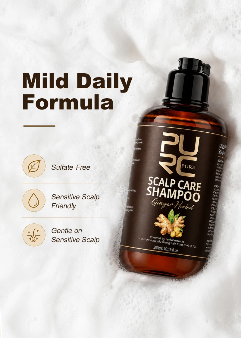 PURC 5-in-1 Ginger Herbal Scalp Care Shampoo Anti Hair Loss Strong Roots Soothe Itchy Scalp Smooth Hair Triple Herbal Formula