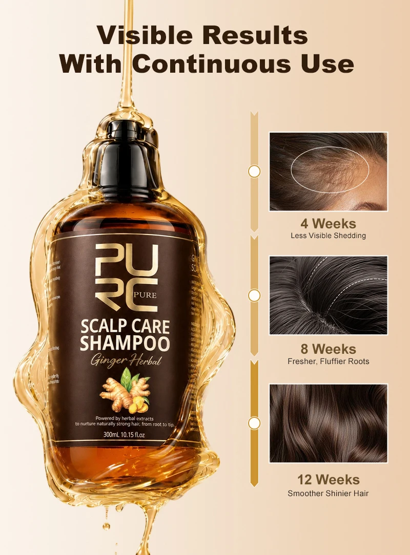 PURC 5-in-1 Ginger Herbal Scalp Care Shampoo Anti Hair Loss Strong Roots Soothe Itchy Scalp Smooth Hair Triple Herbal Formula