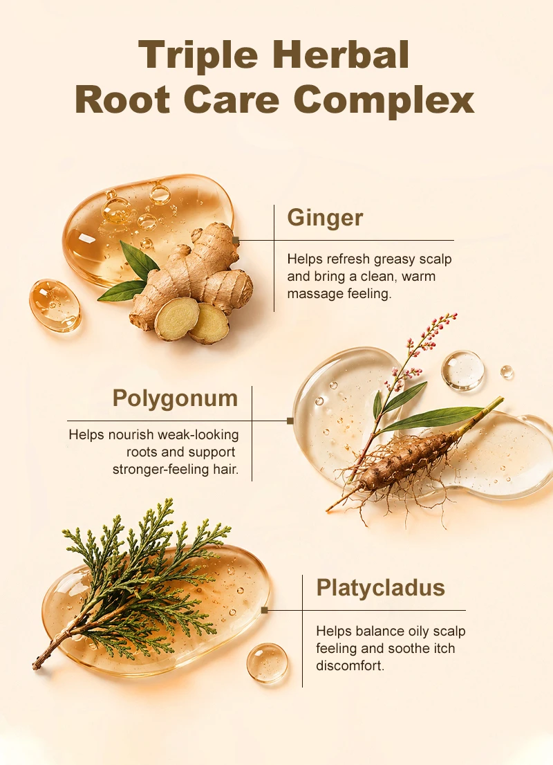 PURC 5-in-1 Ginger Herbal Scalp Care Shampoo Anti Hair Loss Strong Roots Soothe Itchy Scalp Smooth Hair Triple Herbal Formula
