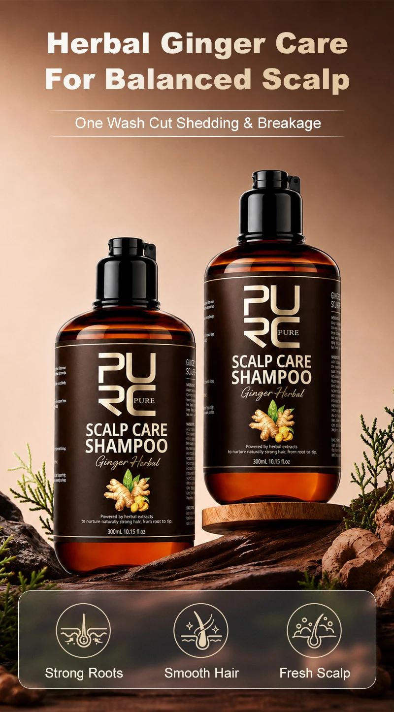 PURC 5-in-1 Ginger Herbal Scalp Care Shampoo Anti Hair Loss Strong Roots Soothe Itchy Scalp Smooth Hair Triple Herbal Formula