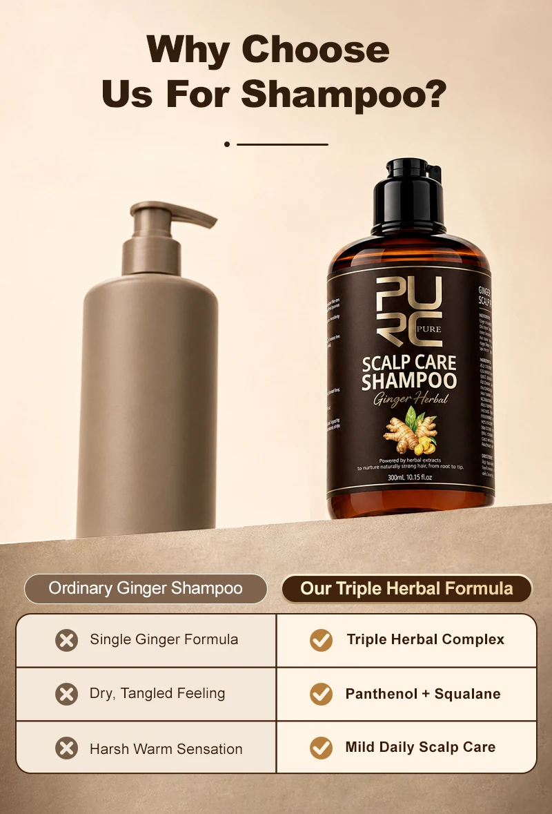 PURC 5-in-1 Ginger Herbal Scalp Care Shampoo Anti Hair Loss Strong Roots Soothe Itchy Scalp Smooth Hair Triple Herbal Formula