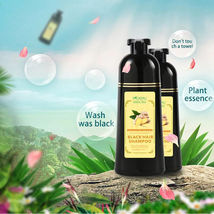 Mokeru 1pc 500ml Fast Black Color Dye Organic Ginger Hair Black Dye Shampoo for Women Anti Gray Hair 5 Mins Permanent Dye Black