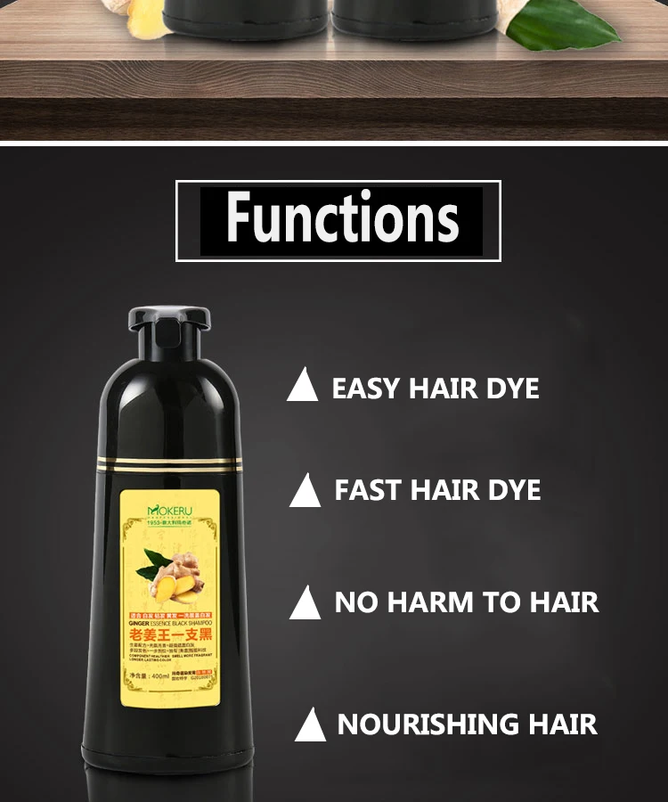 Mokeru 1pc 500ml Fast Black Color Dye Organic Ginger Hair Black Dye Shampoo for Women Anti Gray Hair 5 Mins Permanent Dye Black