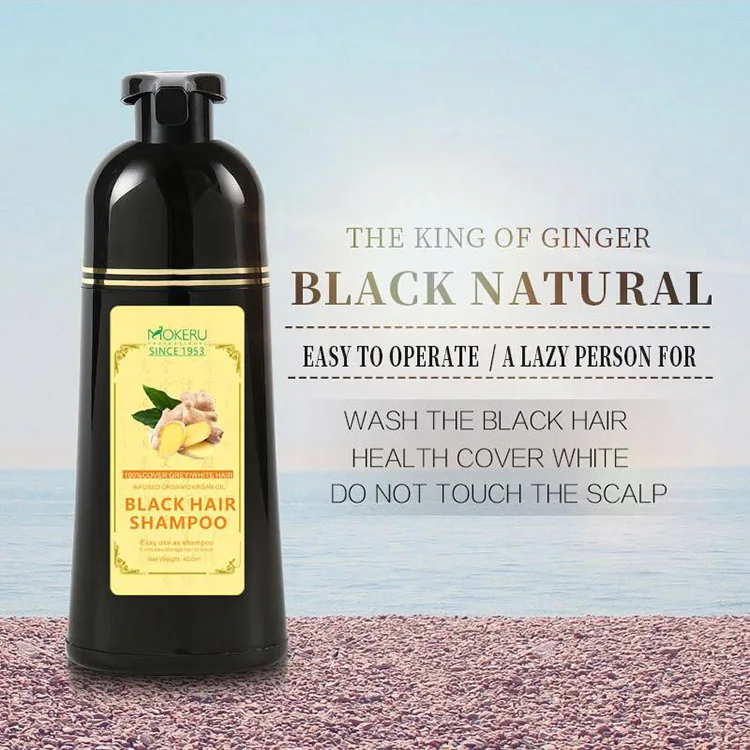 Mokeru 1pc 500ml Fast Black Color Dye Organic Ginger Hair Black Dye Shampoo for Women Anti Gray Hair 5 Mins Permanent Dye Black
