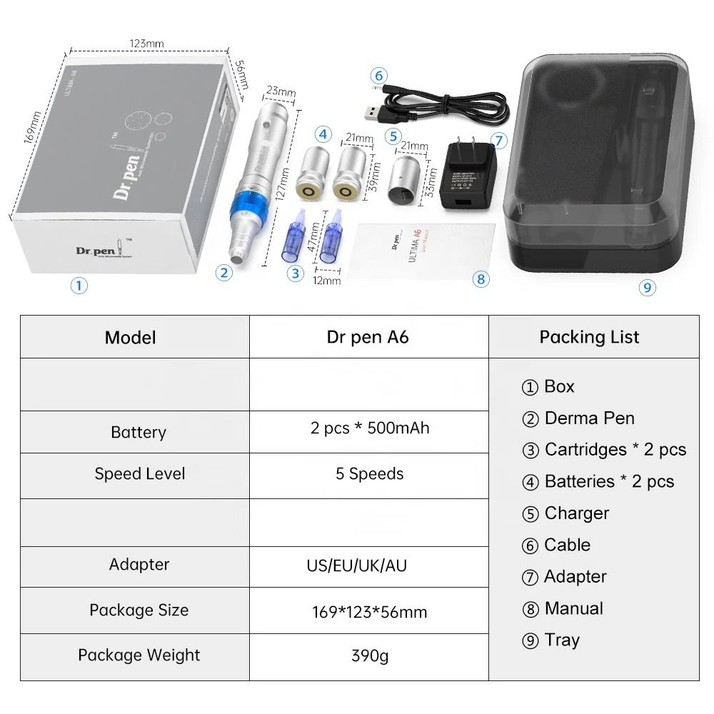 Original Ultima Dr Pen A6 with 2 pcs 12pin Cartridges Homeuse Wireless Electric Skin Care Tools Kit