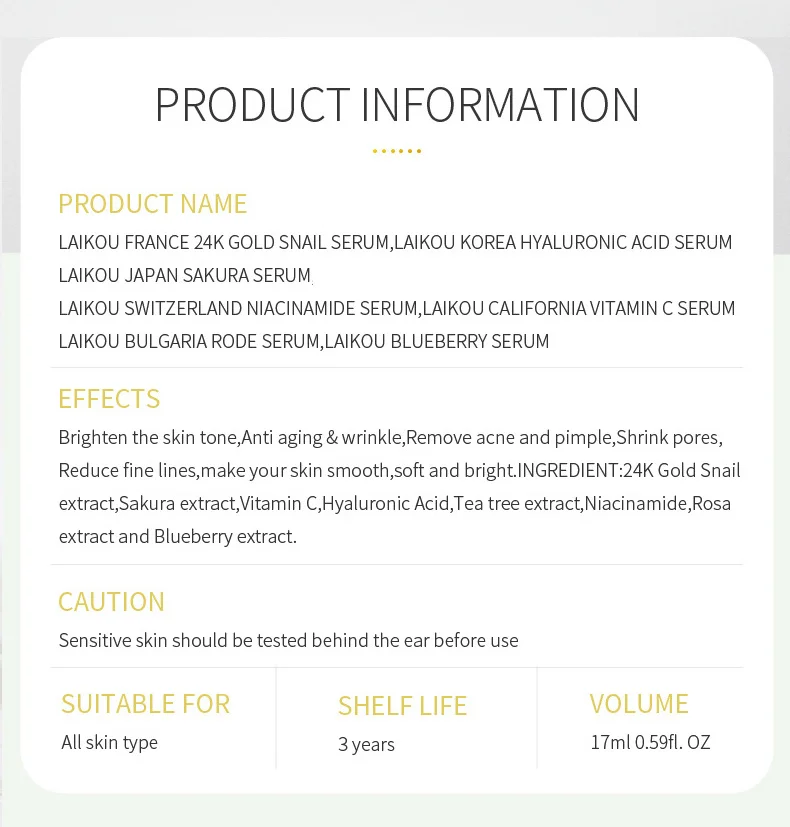 LAIKOU 7 Bottles 24K Gold Snail Sakura Hyluronic Acid Vitamin C Nicotinamida Rose Blueberry Serum Japan Essential Face Essences