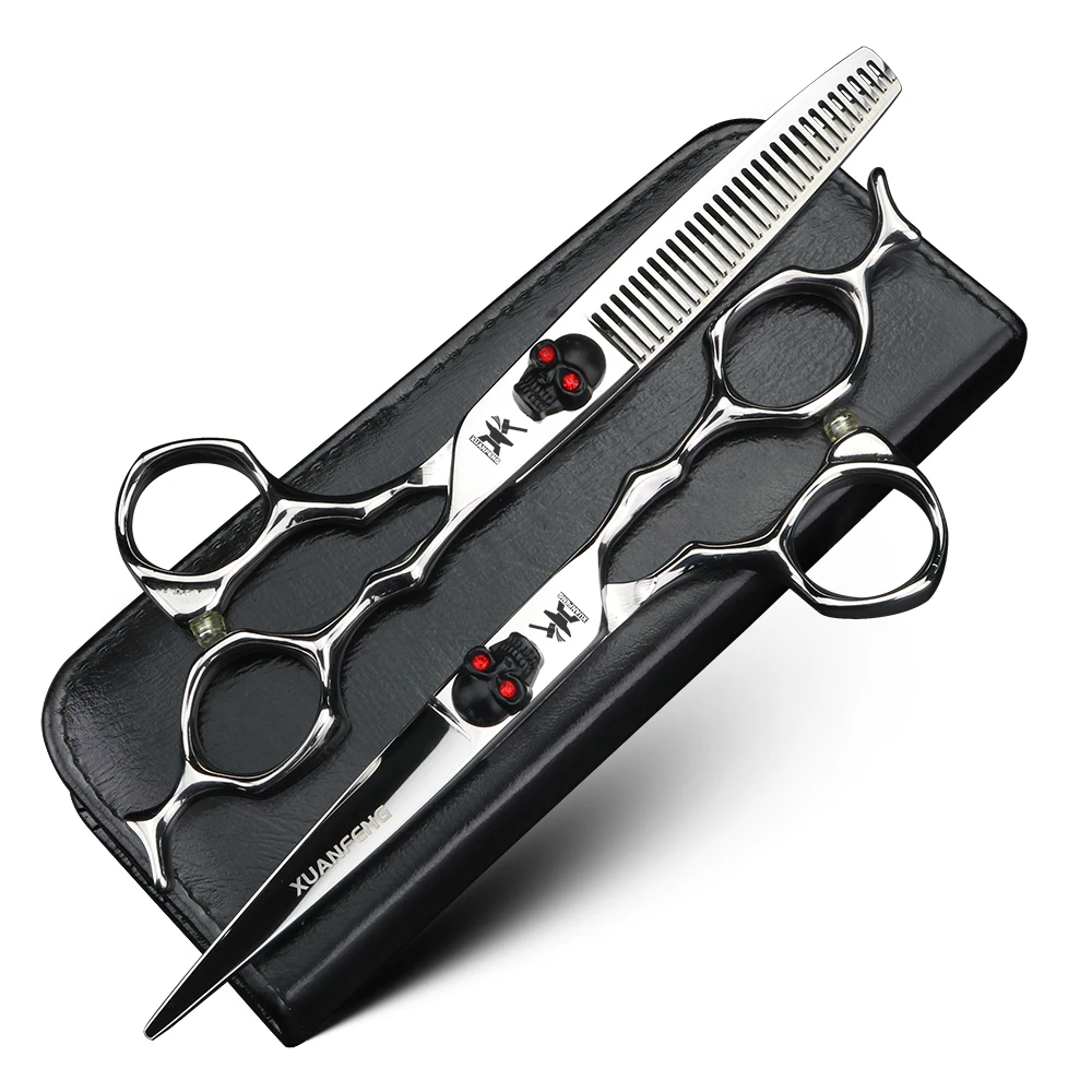 XUANFEN Skull Unique Handle Hair Scissors 6-inch Japanese 440C Steel Cutting Scissors and Thinning Scissors