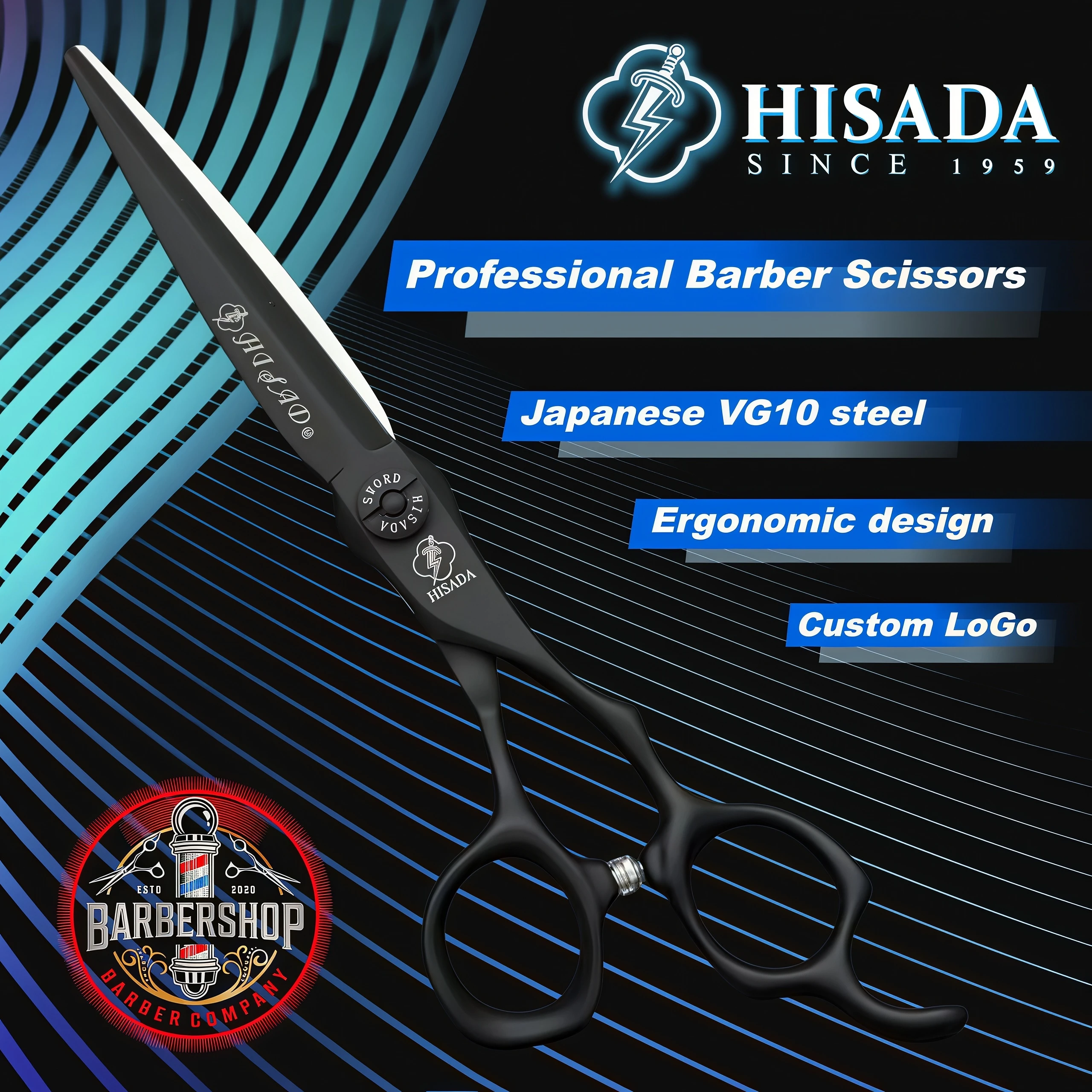 HISADA barber Scissors black suit 6.0/6.5/7.0/inch Professional hair scissors Made of VG10 material barber scissors