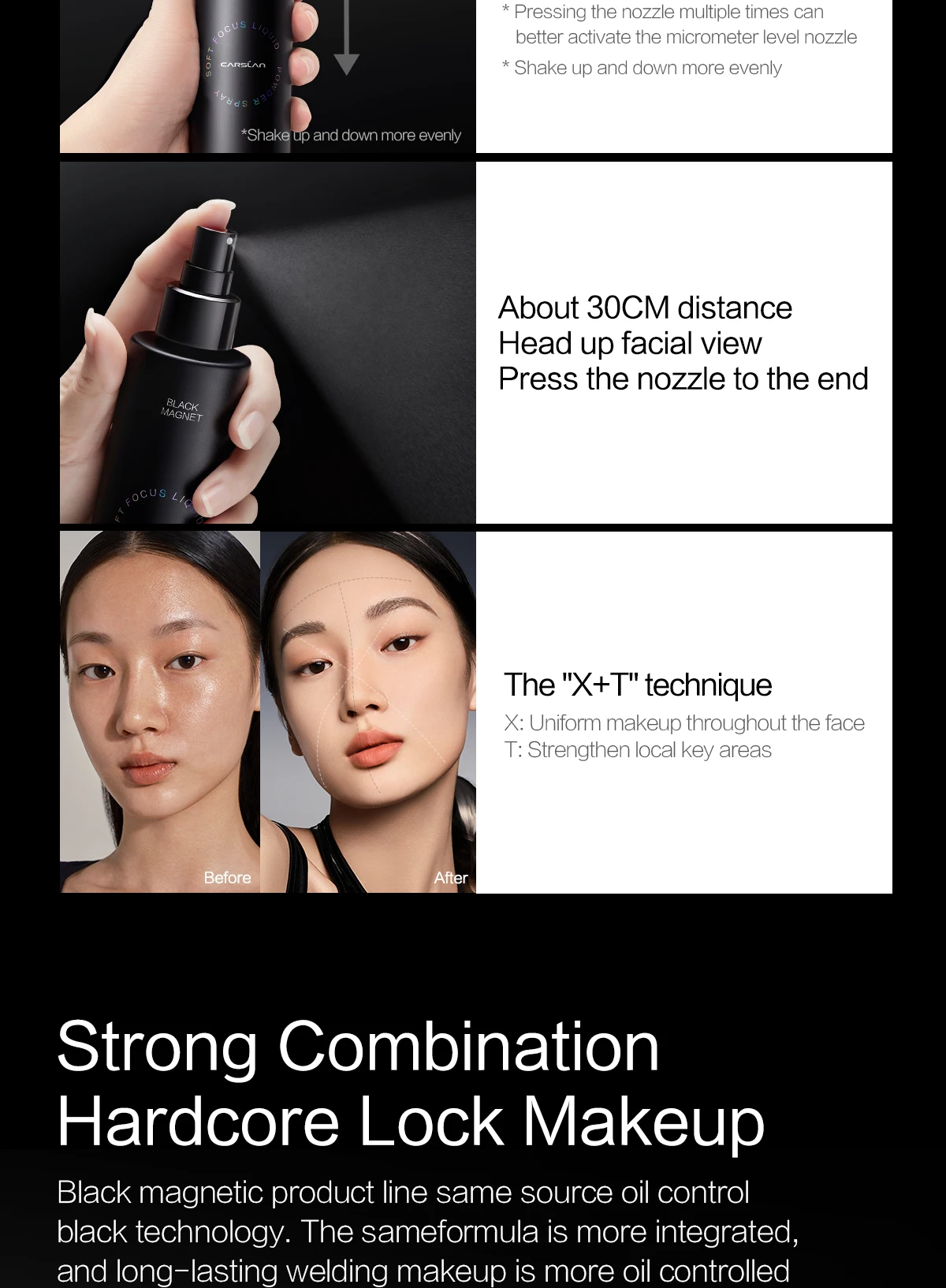 CARSLAN Black Magnet Liquid Powder Setting Spray Longlasting Oil Control Waterproof Sweatproof Makeup Setting Spray 150ml