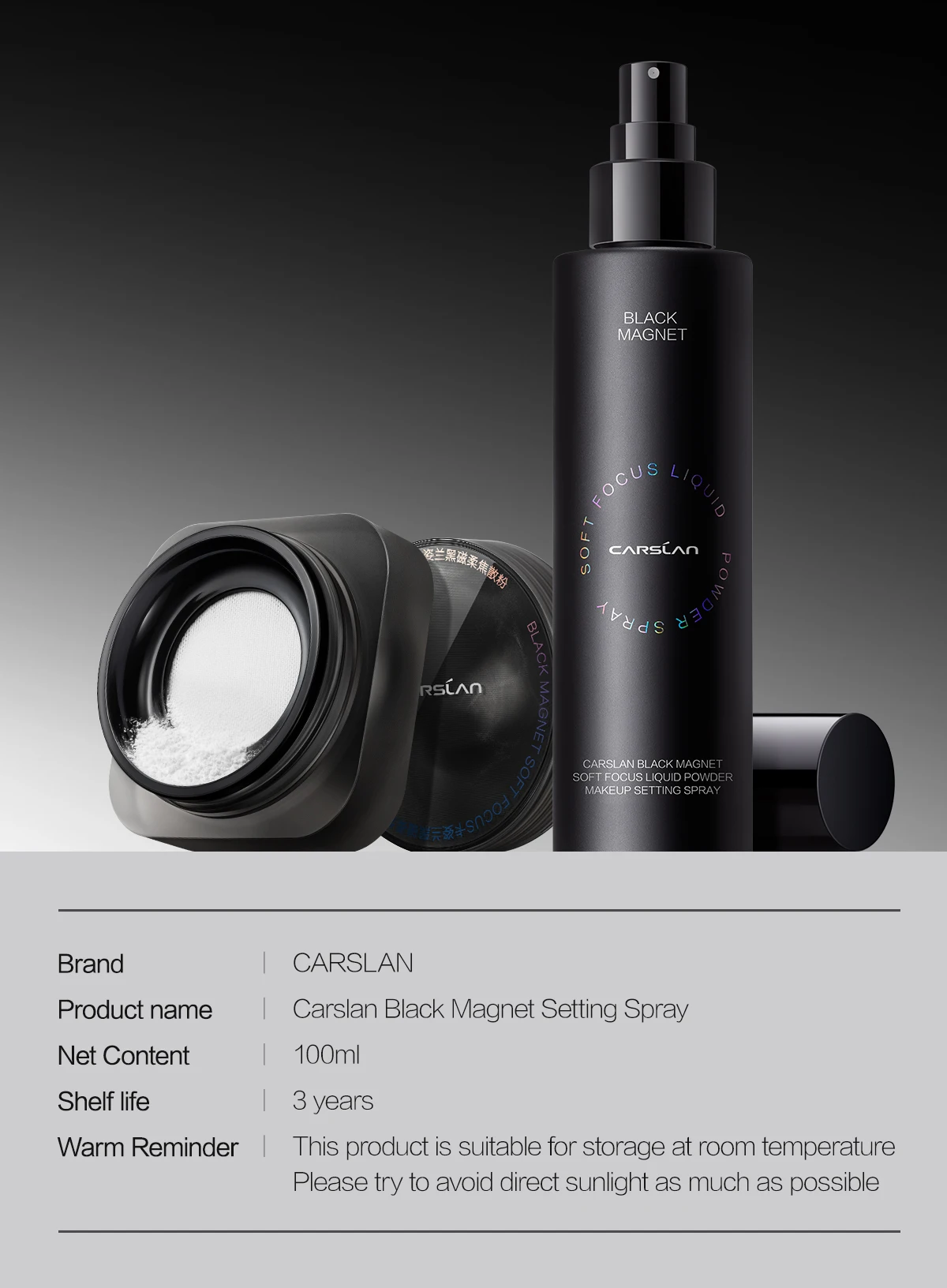 CARSLAN Black Magnet Liquid Powder Setting Spray Longlasting Oil Control Waterproof Sweatproof Makeup Setting Spray 150ml