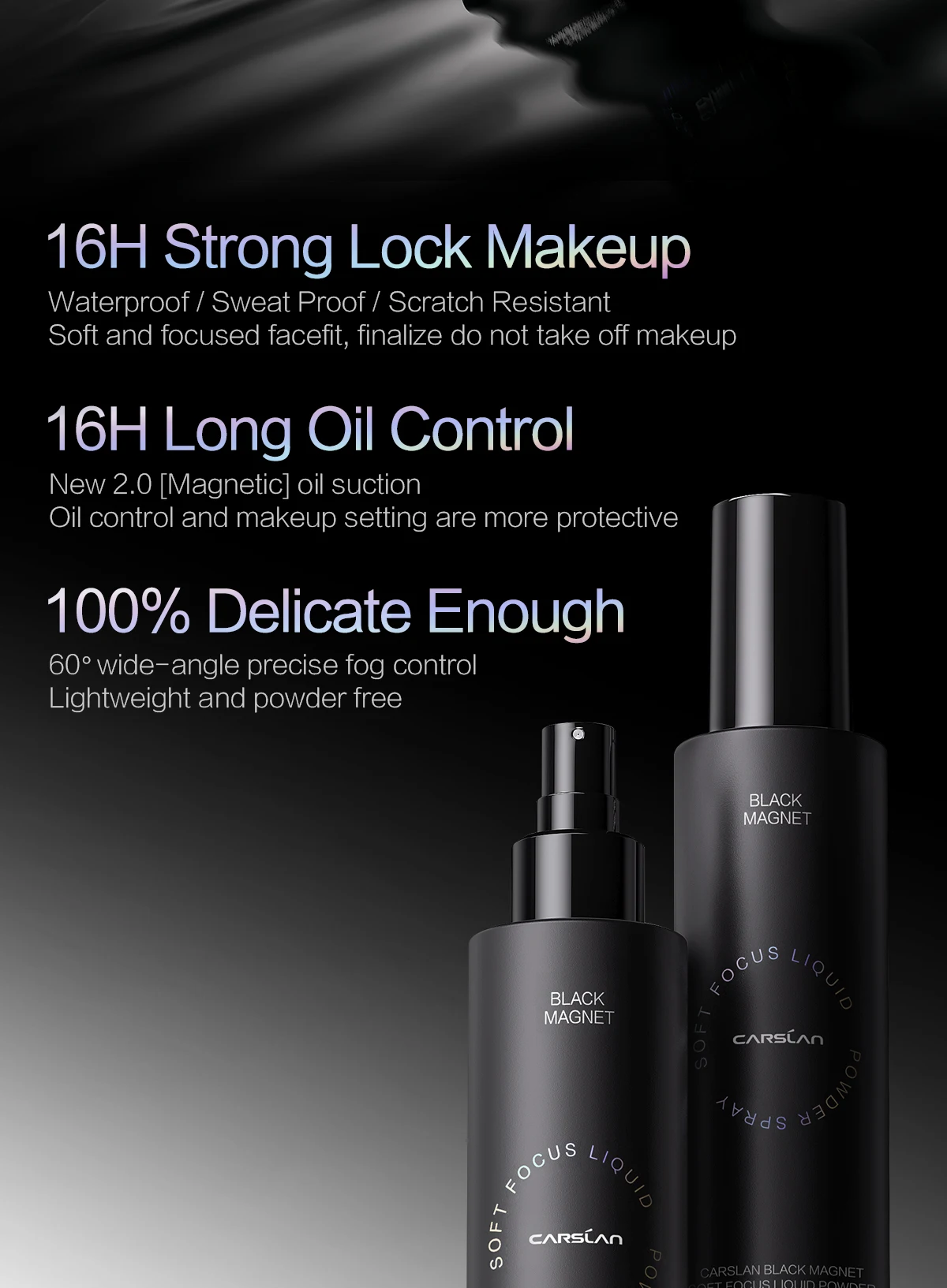 CARSLAN Black Magnet Liquid Powder Setting Spray Longlasting Oil Control Waterproof Sweatproof Makeup Setting Spray 150ml