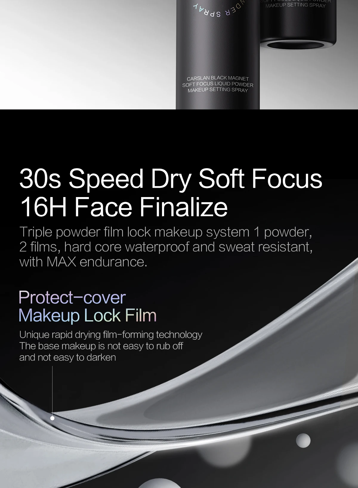CARSLAN Black Magnet Liquid Powder Setting Spray Longlasting Oil Control Waterproof Sweatproof Makeup Setting Spray 150ml