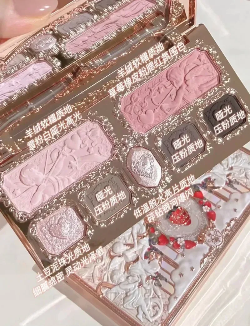 Flower Knows Strawberry Cupid Collection Matte Glitter Shimmer Eyeshadow Face Palette Highlight Blush Longlasting Makeup Palette