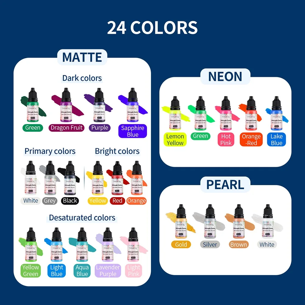 24 Colors Acrylic Paint Ink Set Airbrush Spray Nail Art Inks Water Pigment for Adults Craft Painting Nail Art Tool 10ml