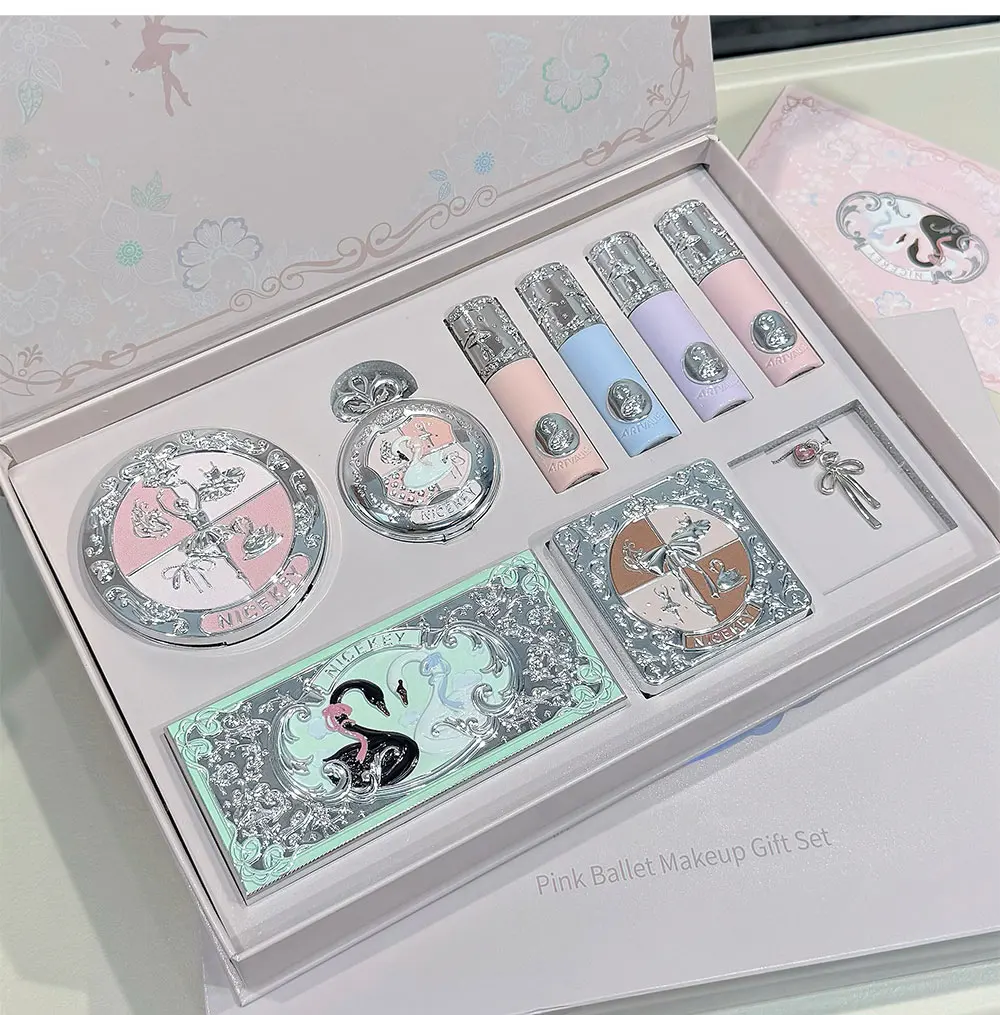 NICEKEY Pink Ballet Makeup Sets Include 4 Lip Mud,1 Blush,1 Pressed Powder,1 Eyes Palette,1 Contour Palette With Necklace Gift