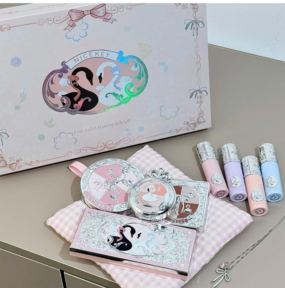 NICEKEY Pink Ballet Makeup Sets Include 4 Lip Mud,1 Blush,1 Pressed Powder,1 Eyes Palette,1 Contour Palette With Necklace Gift