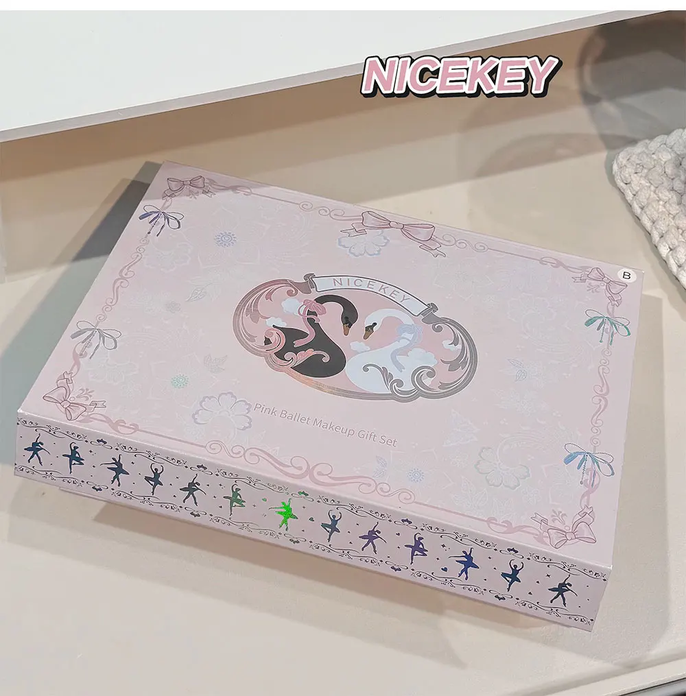 NICEKEY Pink Ballet Makeup Sets Include 4 Lip Mud,1 Blush,1 Pressed Powder,1 Eyes Palette,1 Contour Palette With Necklace Gift