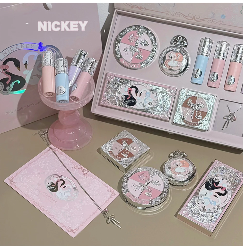 NICEKEY Pink Ballet Makeup Sets Include 4 Lip Mud,1 Blush,1 Pressed Powder,1 Eyes Palette,1 Contour Palette With Necklace Gift